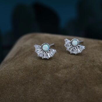 White Opal Fan Stud Earrings In Sterling Silver, 4 of 10