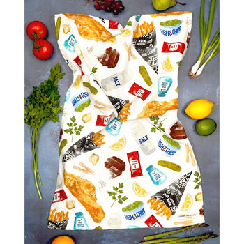 Fish And Chips Gift Set / Tea Towel And Socks / Foodie Birthday Gift, 6 of 8