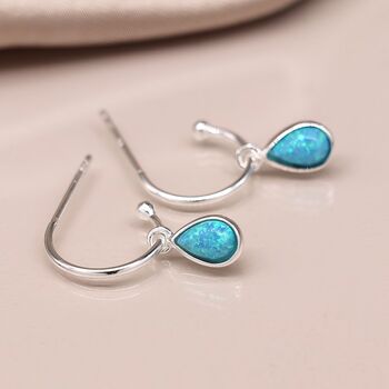 Sterling Silver Teardrop Blue Opal Hoop Earrings, 3 of 10