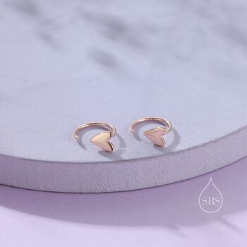 Sterling Silver Tiny Skinny Heart Huggie Hoop Earrings, 10 of 12