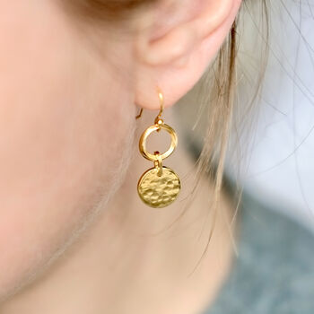 Gold Plated Hammered Disc Earrings, 2 of 10