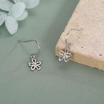 Sterling Silver Two Tone Daisy Flower Drop Earrings With Hooks, 3 of 10