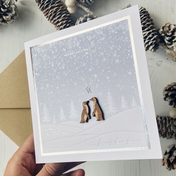 Penguin Couple Mistletoe Snowy Love Christmas Card, 10 of 10
