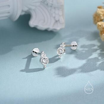 Sterling Silver Tiny Cz Crystal With Dot Trio Internally Threaded Flat Back Earrings, 6 of 10