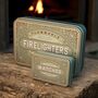 Firelighter And Match Tin Set Cosy Fireside Storage In Sage Green, thumbnail 1 of 12