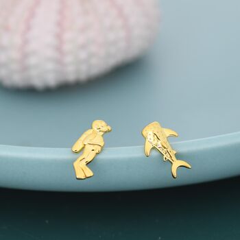 Mismatched Scuba Diver And Whale Shark Stud Earrings In Sterling Silver, 3 of 12