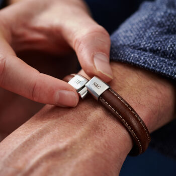Personalised Three Year Anniversary Leather And Steel Men's Bracelet, 3 of 6
