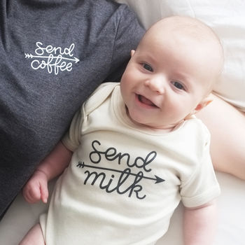 Mum And Baby 'Send Coffee' And 'Send Milk' T Shirt Set, 7 of 10