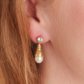 Blue Topaz And Pearl Gold Plated Stud Drop Earrings, 3 of 8
