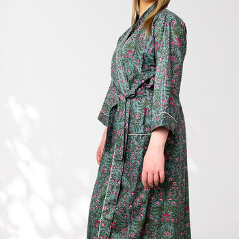 Grey And Pink Flower Print Cotton Dressing Gown Kimono, 5 of 10
