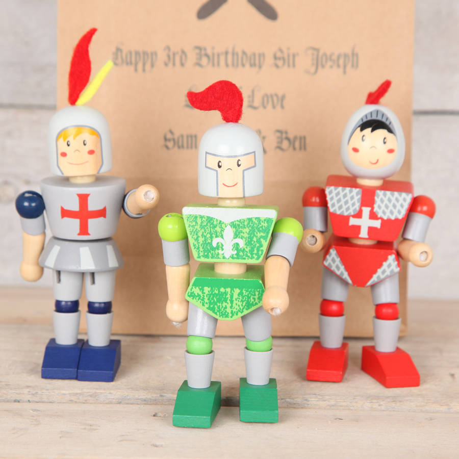 Image of Three Wooden Knights And Personalised Gift Bag
