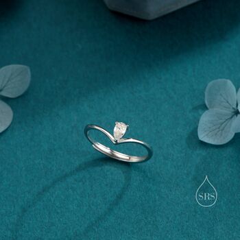 Sterling Silver Pear Shape Cz Droplet Chevron Ring, 3 of 12