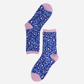 Women's Bamboo Socks Blue Pink Leopard Print, 2 of 2