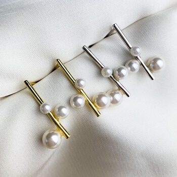 Sterling Silver Pearl Bar Drop Stud Earrings, 2 of 5