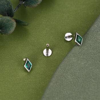 Sterling Silver Emerald Green Cz Rhombus 16 G Flat Back Labret Earrings, 5 of 11