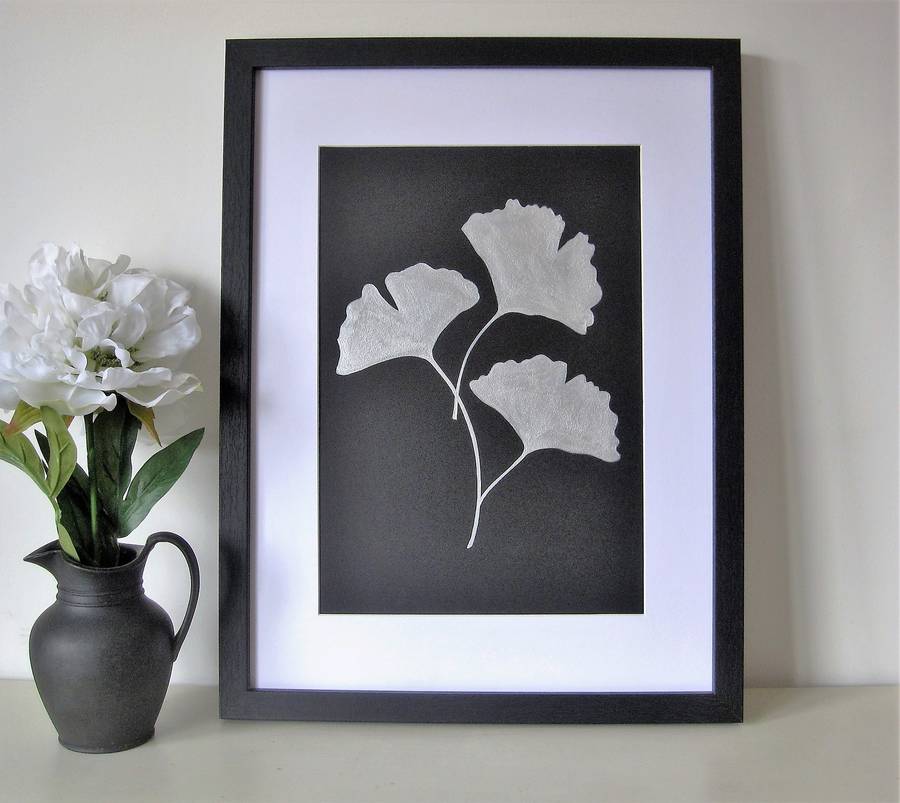 Framed Original Silver Ginkgo Botanical Leaf Painting, 1 of 4