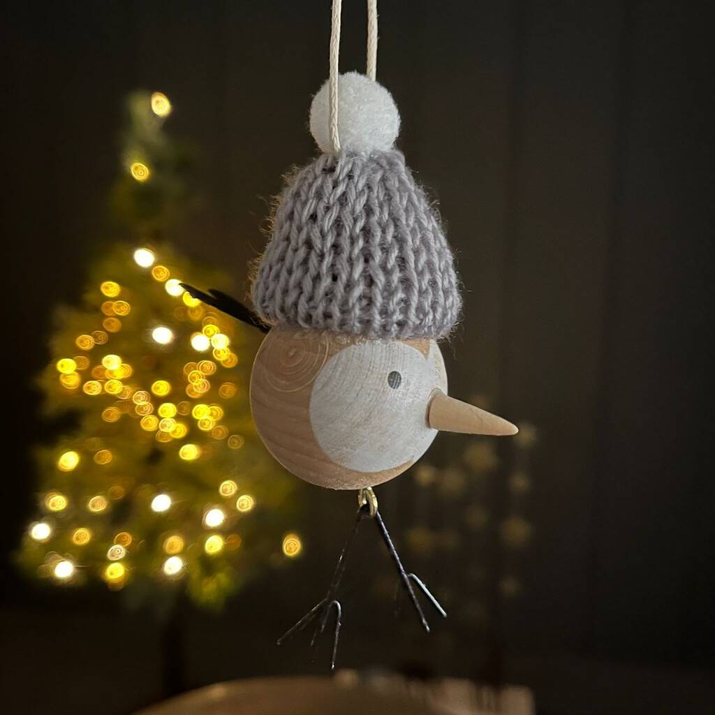Wooden Bird In Grey Pompom Hat Hanging Decoration, 1 of 2