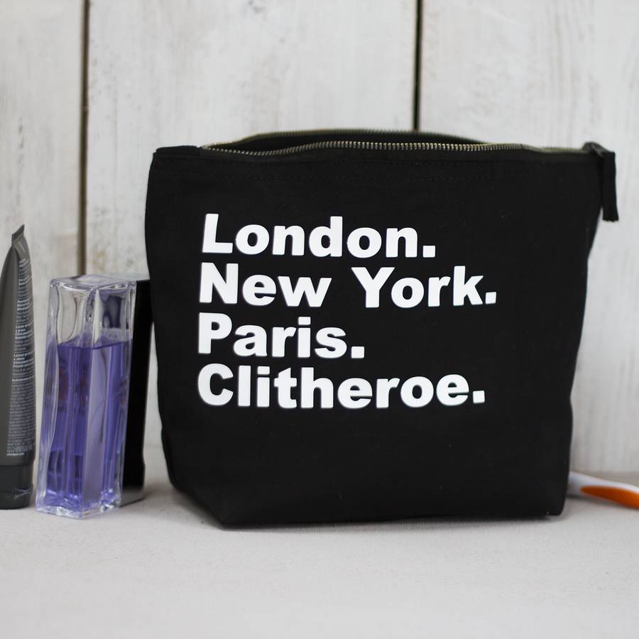 Personalised Monochrome Travel Places Wash Bag By Squiffy Print