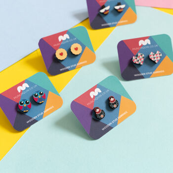 Colourful Little Wise Owl Wooden Stud Earrings, 2 of 2