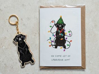 Black Labrador Dog Wooden Keyring With Optional Christmas Card, 6 of 7