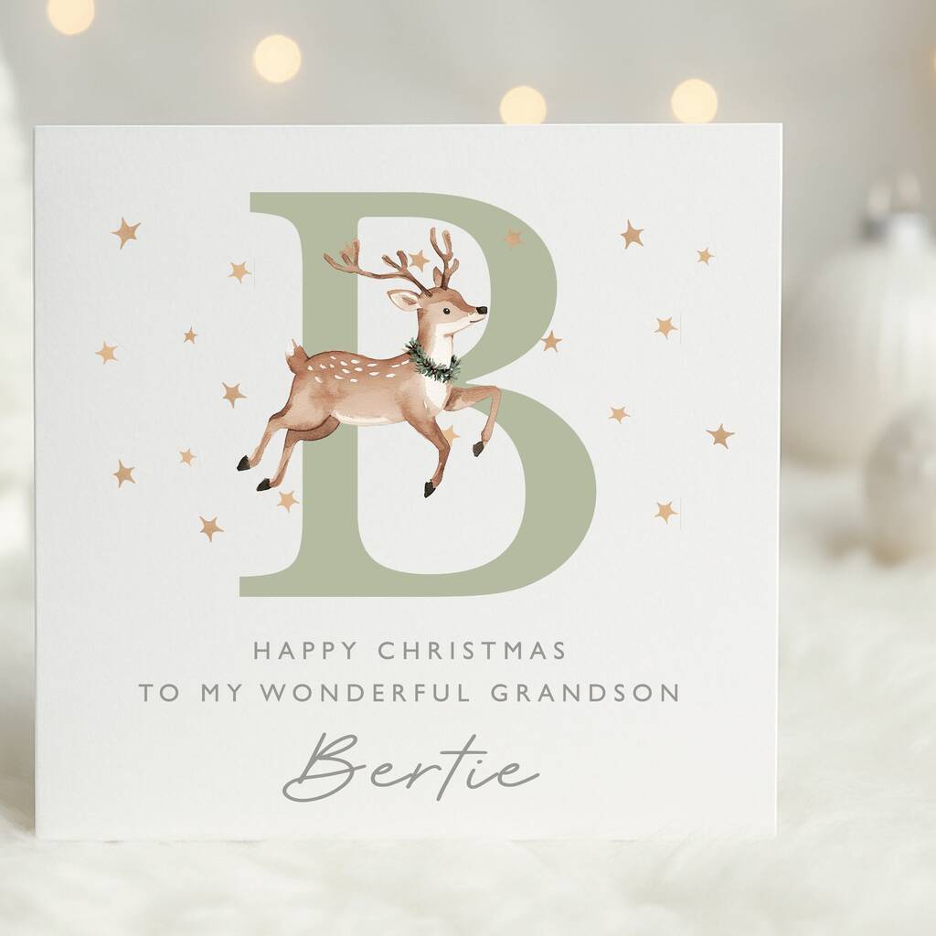 Personalised Christmas Reindeer Grandson Initial Card, 1 of 2