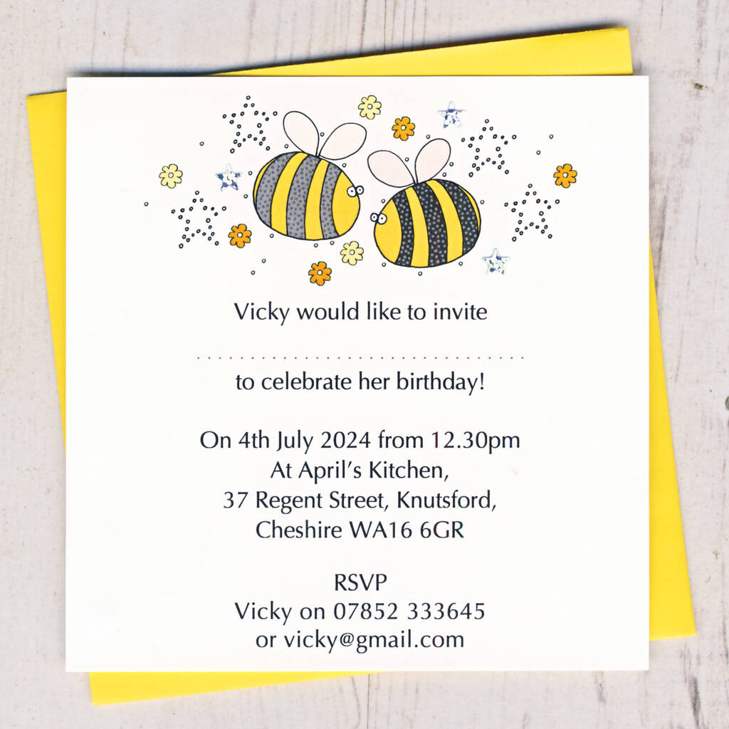 Personalised Bee Birthday Party Invistations
