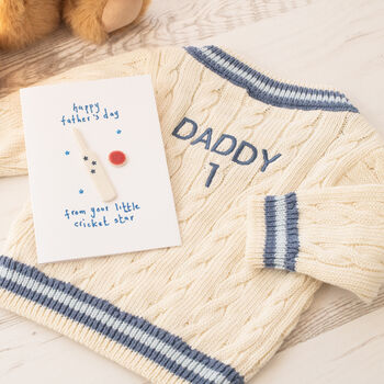 Personalised Back Baby Cricket Jumper For First Fathers Day, 8 of 11