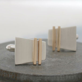 Geometric Cufflinks. Silver And 9ct Gold Pinstripe, 3 of 7