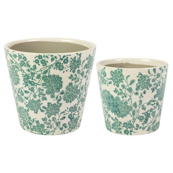 Set Of Two Green Floral Plant Pots, 2 of 4