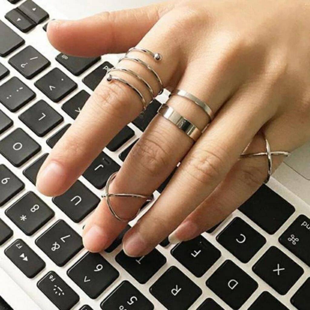 Six Piece Slim Gold Plated Black Stackable Midi Rings By The Colourful ...