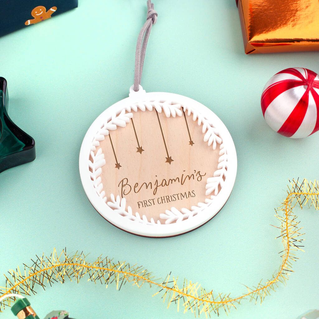 Personalised First Christmas Wreath Tree Decoration, 1 of 3