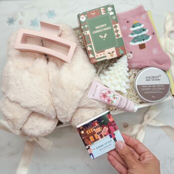 Luxury Christmas Gift For Her – Cosy Slippers, Festive Socks, Candle And Body Pamper Set, 11 of 12