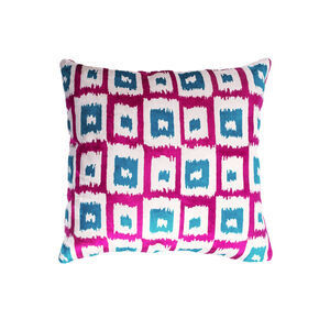 Fuchsia Pink & Blue Ikat Velvet Cushion Covers with Traditional Pattern, Front newest side is 100% Silk Velvet, Back side is Soft Burgundy Fabric