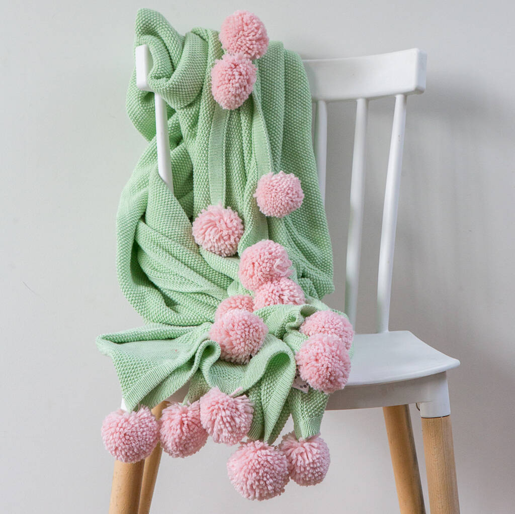 Mint Green And Pink Pompom Blanket, 1 of 3