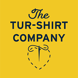 Company logo - The Tur-Shirt Company and a needle and thread in a heart shape in navy  text on a yellow background.