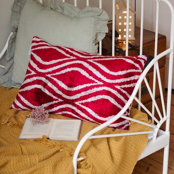 Oblong Velvet Ikat Cushion Red Decoration, 5 of 8