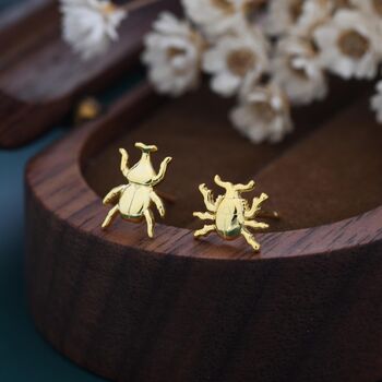 Sterling Silver Tiny Mismatched Little Stag Beetle Stud Earrings, 3 of 12