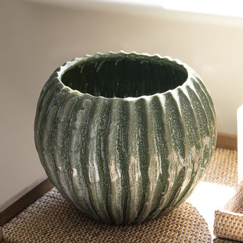 Large Green Ribbed Ceramic Vase, 3 of 4