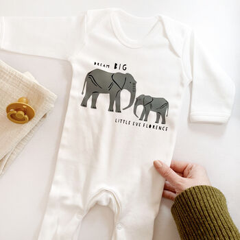 Dream Big, Personalised Elephant Babygrow, 2 of 5