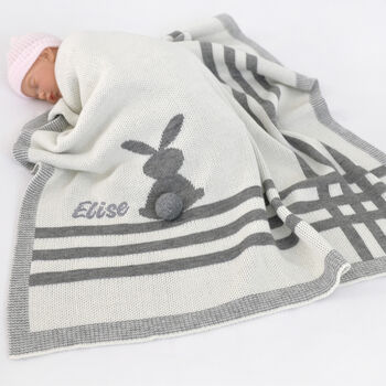 Personalised Bunny Striped Blanket White And Grey, 2 of 10