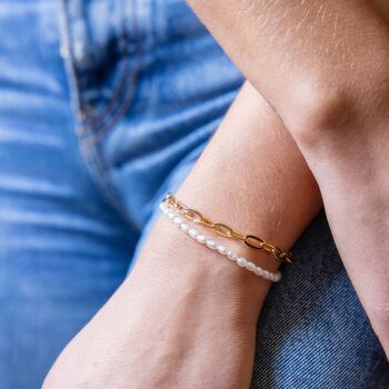 Yellow Gold Plated Slim White Pearl Bracelet, 2 of 7