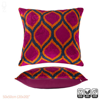 Traditional Pink Ikat Velvet Pillow Cover, 50x50cm, 2 of 5