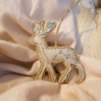 Luxury Irish Linen Festive Reindeer Christmas Tree Decoration, 7 of 9