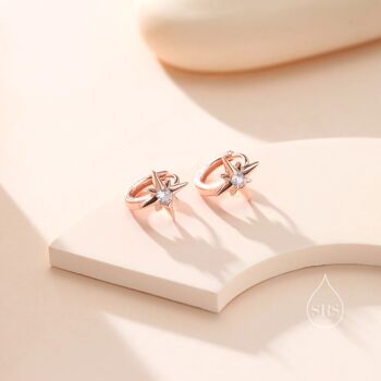 Delicate Starburst Cz Huggie Hoop Earrings In Sterling Silver, 7 of 10