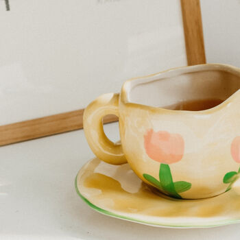 Yellow Tulip Flower Irregular Coffee Mug And Saucer, 2 of 2