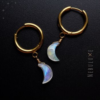 Rainbow Moonstone Crescent Moon Hoop Earrings, 5 of 12