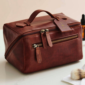 Personalised Leather Lay Flat Wash Bag With Gold Hobby Illustration Tag, 2 of 4