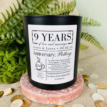 Personalised 9th Pottery Anniversary Meaning Candle, 2 of 11