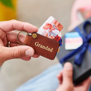 Anniversary Personalised Leather Keyring With Four Metal Photo Cards With Hot Stamped Initials, Name Or Date, 3 of 6