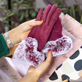 Fluffy Faux Fur Wave Cuff Suede Effect Gloves, 5 of 12